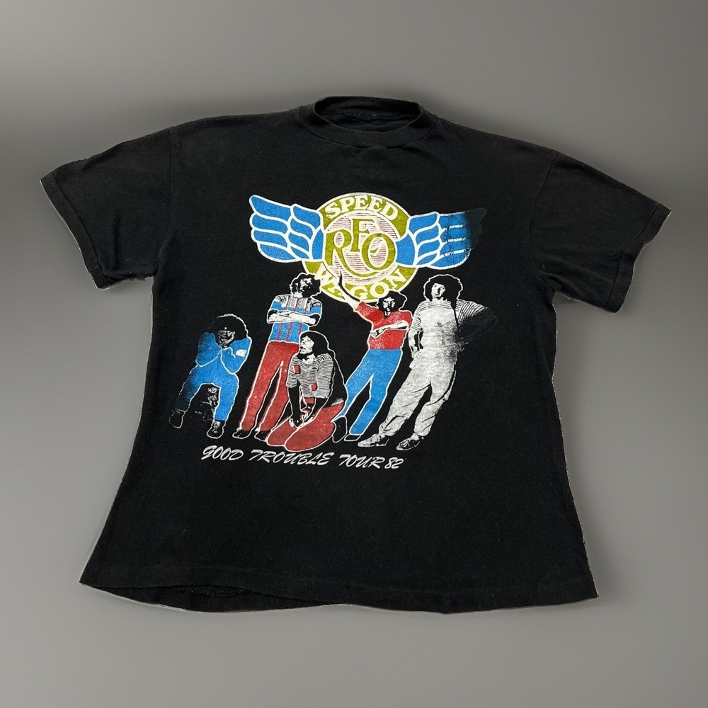 Vintage 80s Mens Black REO Speedwagon Good Trouble Tour 1982 Graphic T-Shirt S